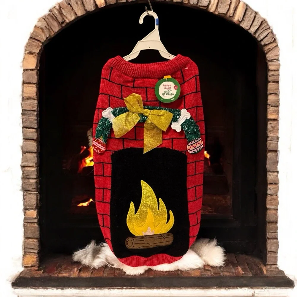 Merry Bright Holiday FIREPLACE Sweater Pet Christmas Halloween Dog Costume‎ L